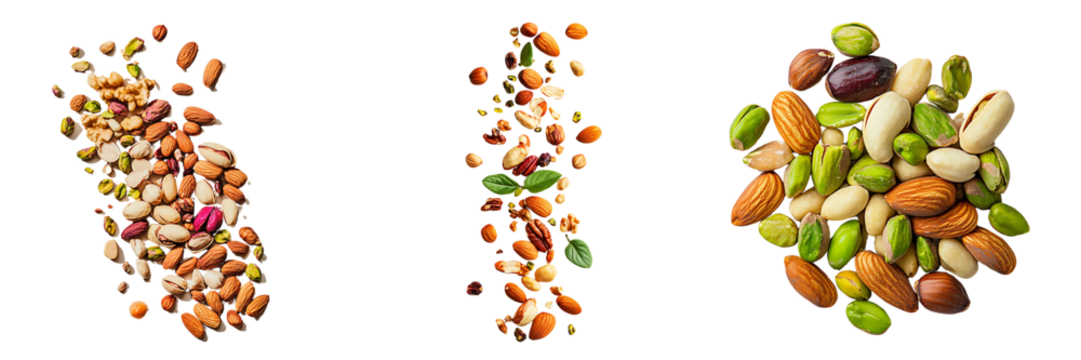 Collection of mixed nuts almonds walnuts hazelnuts and pistachios isolated on a white or transparent background.