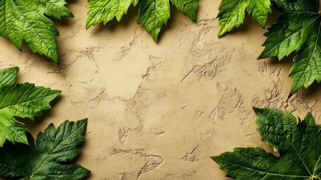 Fresh green leaves arranged on a textured beige background for natural decoration or craft projects