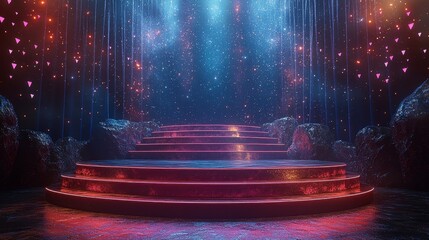 Red stage with neon lights, cosmic background.