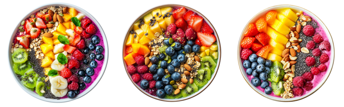 Collection of colorful rainbow smoothie bowl with layers of vibrant fruits, nuts and seeds arranged on a white or transparent background.