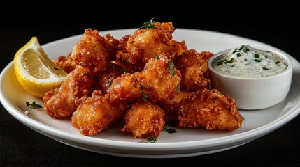 Fototapeta premium Delicious crispy fried fish bites are arranged on a white plate, garnished with herbs, accompanied by a small bowl of tartar sauce and a lemon wedge for added flavor