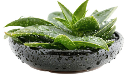 Fresh aloe vera leaves with water droplets, isolated on white background