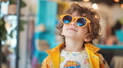 A young child smiles while wearing stylish yellow sunglasses and a colorful t-shirt. The bright indoor space features playful decorations, creating a cheerful atmosphere