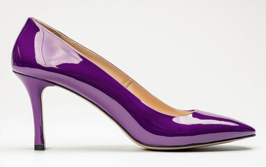 purple high-heeled shoe with a pointed toe and glossy finish on a clean white background