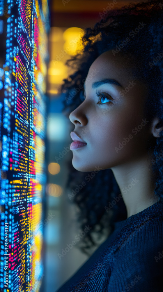 Poster young female programmer looking at lines of code displayed on a large interactive screen in a dark r