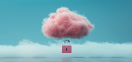 A pink cloud floats above with a padlock, symbolizing the concept of security and privacy in a whimsical, dreamy context.