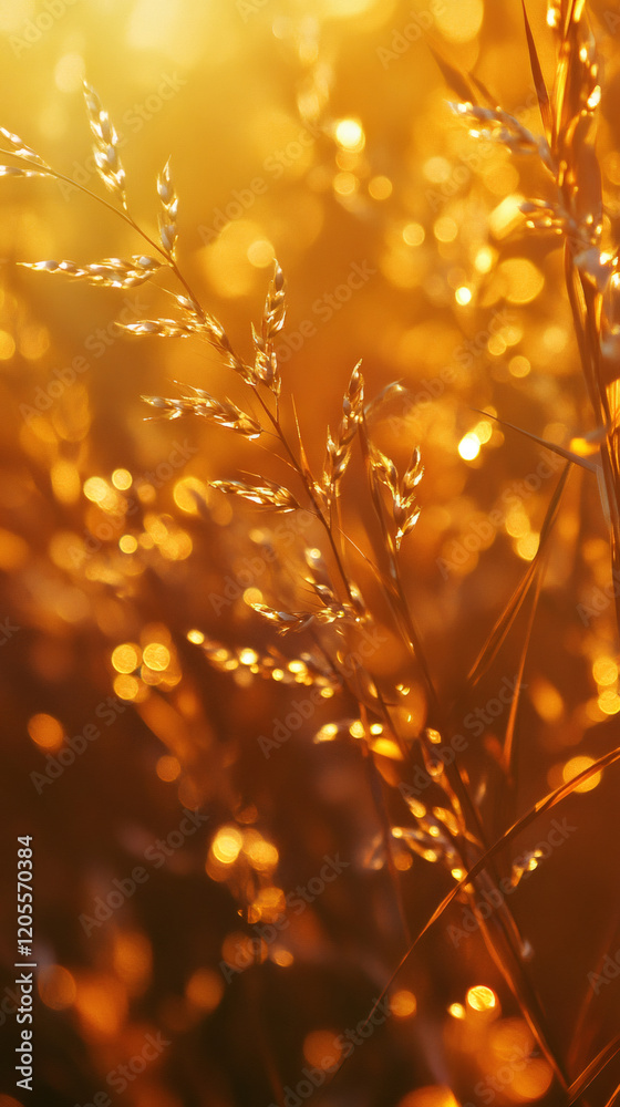 Poster soft meadow grass illuminating golden hour landscape, casting dreamy bokeh patterns with warm, seren