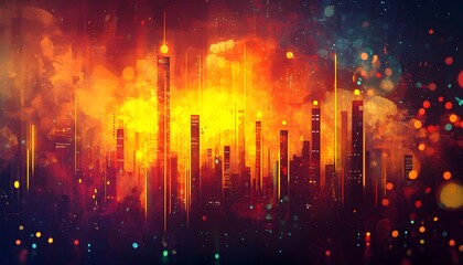 Fototapeta premium A vibrant city skyline illuminated by abstract lights creates a dynamic atmosphere, showcasing the beauty of urban life and modern architecture against a colorful backdrop.