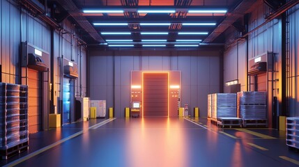 Fototapeta premium The spacious interior of a modern warehouse features loading bays illuminated by vibrant lights. Pallets are neatly arranged in the background, creating an efficient work environment