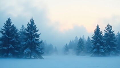 Fototapeta premium Thick fog covering winter spruce forest with trees silhouetted, forest, mist, peaceful