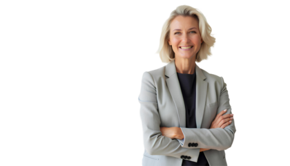 Successful confident woman business coach standing with crossed hands, portrait of stylish senior mature businesswoman stay positive with smile and office suit