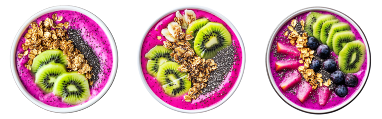 Collection of vibrant smoothie bowl with dragon fruit, kiwi slices, chia seeds and a garnish of granola, isolated on a white or transparent background.