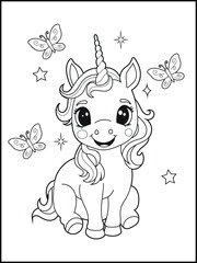 Illustration of a cute baby unicorn cartoon character. Black and white Printable Unicorn coloring page for kids.