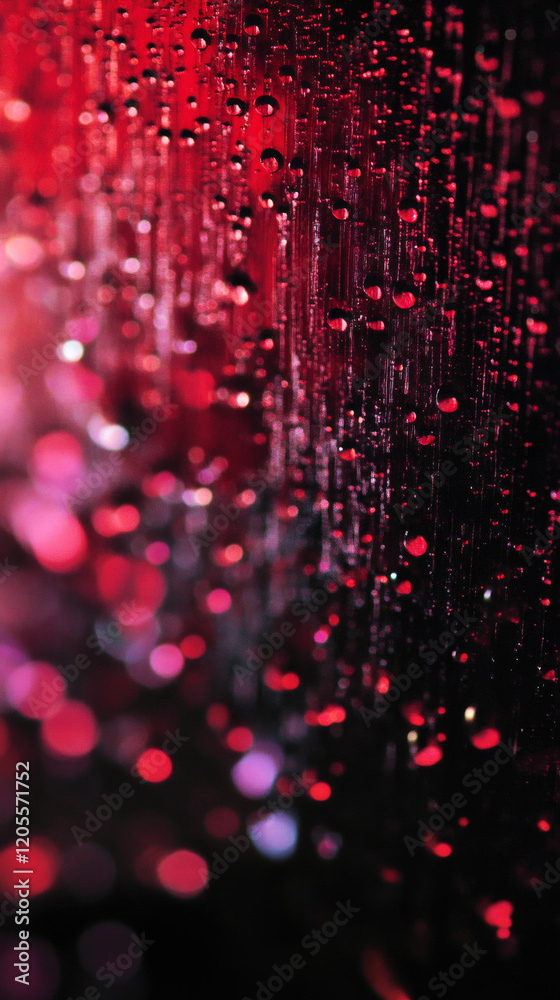 Poster Raindrops cascading over glossy surface, generating soft bokeh patterns with vibrant red and purple color gradients