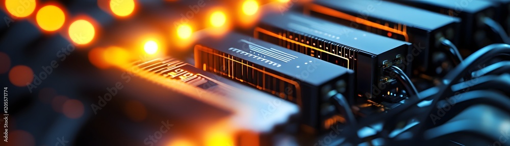 Poster close-up view of server hardware with glowing lights, showcasing intricate wiring and components. th