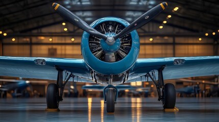 A blue propeller plane is parked in a hangar