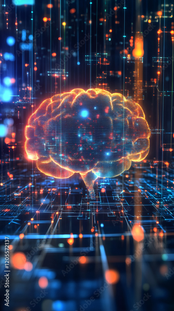 Poster artificial intelligence concept with a 3d rendering of a digital brain receiving and processing data