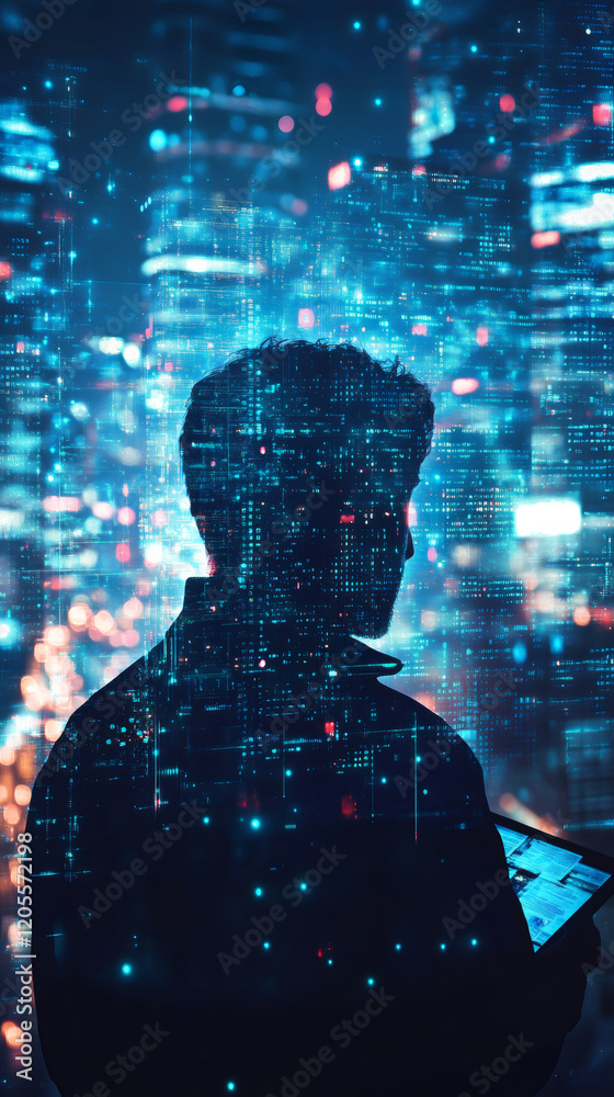Leinwandbilder silhouette of software developer using tablet, with digital code overlayed on futuristic cityscape b