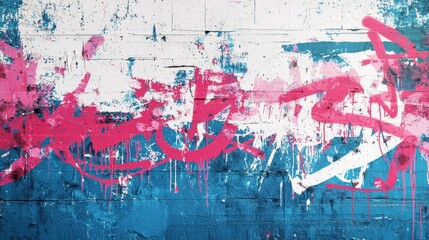 A vibrant mural decorates a textured wall, showcasing bold pink and blue hues. The graffiti features dynamic shapes and artistic drips, reflecting urban creativity and culture