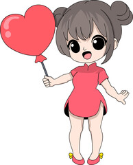 Cute Cartoon Girl Holding Heart Balloon as Valentine Event Mascot