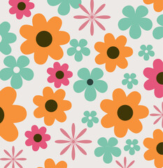 Floral seamless pattern with hippie retro flowers ,trendy vector groovy design in style 60s, 70s 