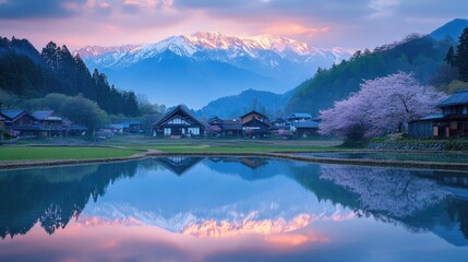 Fototapeta premium countryside of Japan at Mount Fuji area with traditional japanese Shirakawa-go house style and blooming cherry blossom.
