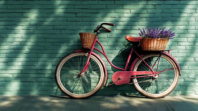 A rustic bicycle adorned with lavender in its basket, set against a green brick wall with gentle shadows.