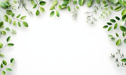 Greenery frame, white background, spring leaves, nature border, design template