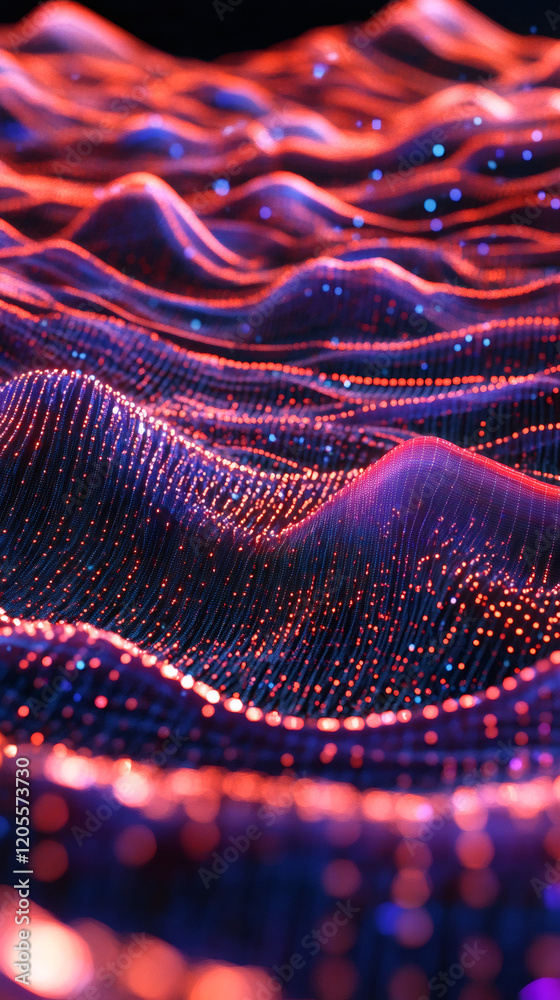 Leinwandbilder abstract background featuring flowing waves of red and blue digital particles, creating a vibrant an
