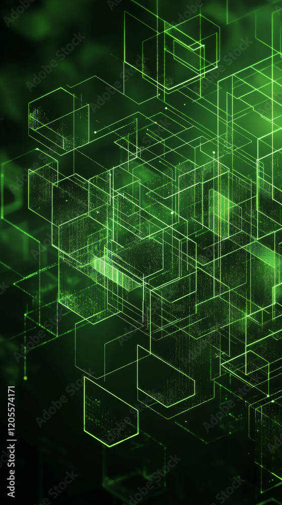 Poster Complex network of interconnected lines and nodes creating a dynamic digital matrix with geometric shapes, symbolizing advanced technology and data flow
