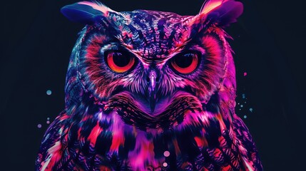 A creative abstract owl in neon tones with exaggerated details and bold, high-contrast design, framed on a sleek black background.