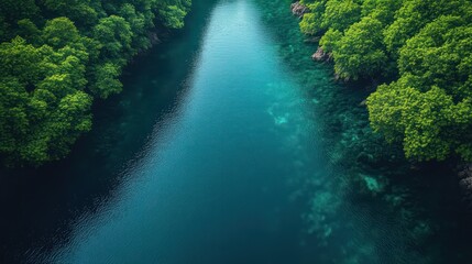 Aerial View of Serene River in Lush Green Forest