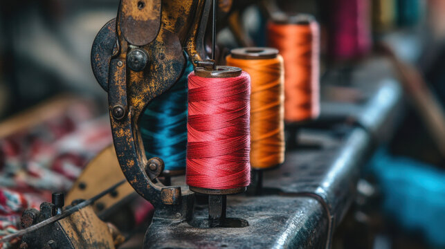 Brightly colored spools of thread sit on a vintage sewing machine, showcasing the artistry and craftsmanship in a bustling textile workshop during daylight hours.
