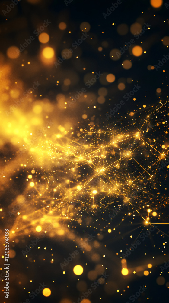 Aufkleber Plexus golden network growing and glowing on dark background with bokeh effect, ideal for technology, communication or social media concepts