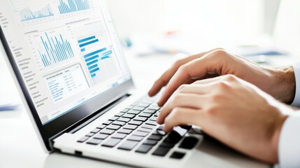 Close-up, hands, person working, laptop, graphs, notes, desk, business attire, digital device, financial data, serious atmosphere, office setting, productivity, professional work environment