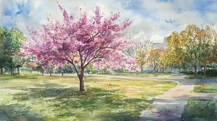 Naklejka premium A vibrant cherry tree blooms with pink flowers in a peaceful park. Lush green grass surrounds the tree, with colorful foliage in the background on a mild spring day