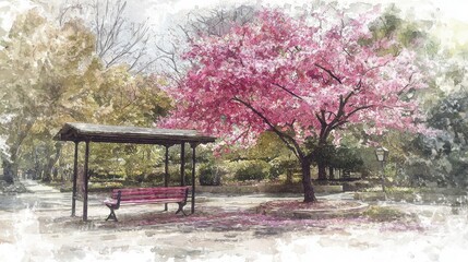 Obraz premium A vibrant cherry blossom tree with pink flowers stands proudly in a peaceful park, accompanied by a red bench and a sunny ambiance, creating a serene atmosphere for relaxation