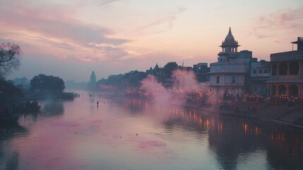 Fototapeta premium Colorful festivities unfold along the riverside as lanterns and torches light up the water amidst a dusky sky, creating a magical atmosphere filled with joy and tradition