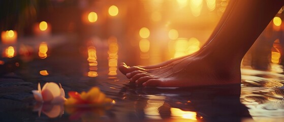 A tranquil spa atmosphere with feet immersed in water, surrounded by candles and rose petals. Ideal for advertising relaxation and self-care services.