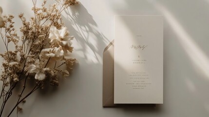 Minimalist wedding invitation card with soft taupe background and dried flowers