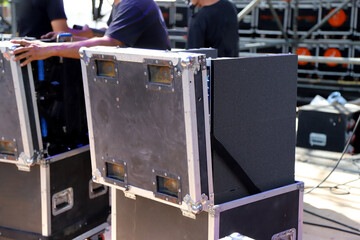 
Technicians working on stage to assemble giant screen LED screen panels