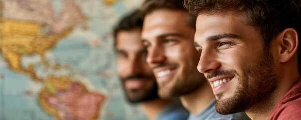 Obraz premium Three smiling men pose in front of a world map, showcasing friendship and exploration.