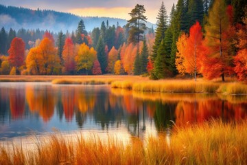 Obraz premium Serene autumnal landscape reflecting vibrant foliage in a tranquil lake, showcasing the beauty of nature's colorful transition