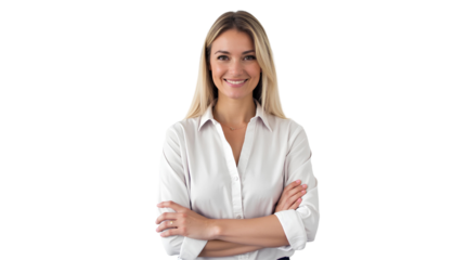 Successful confident woman business coach standing with crossed hands, portrait of stylish girl businesswoman or human resources office worker stay confident and positive with smile and suit