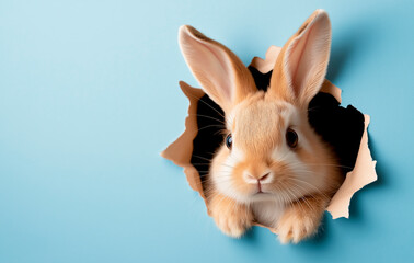 Obraz premium Cute Ginger Rabbit Poking Its Head Through a Torn Hole in a Light Blue Paper Background.