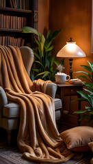 Obraz premium Cozy Reading Corner with Warm Blanket and Hot Chocolate – Relaxation at Home