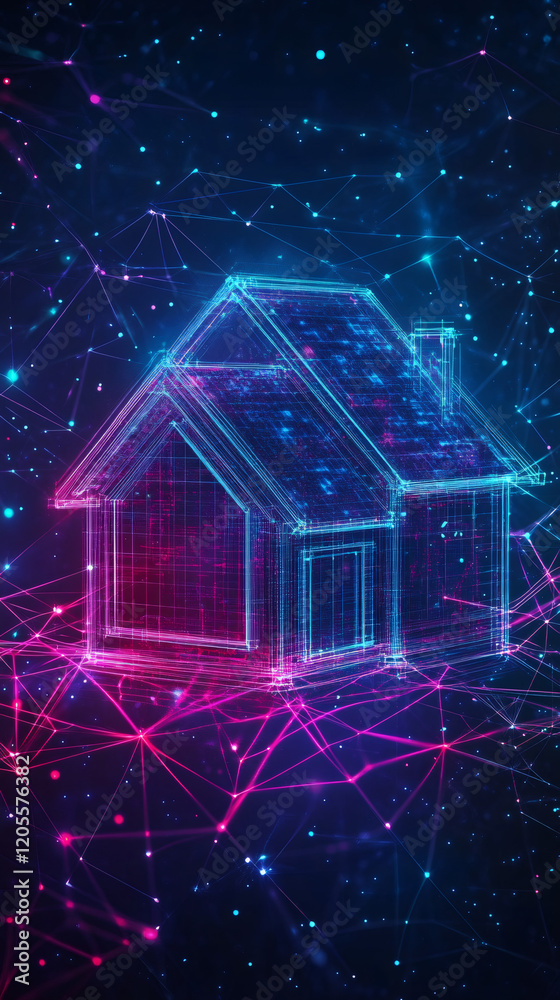 Poster wireframe house glowing on dark background with network connections, representing smart home technol