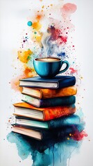 A steaming coffee cup rests atop a stack of books