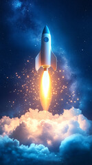 Fototapeta premium Rocket ship launching powerfully into the night sky, surrounded by clouds and twinkling stars, symbolizing exploration and innovation