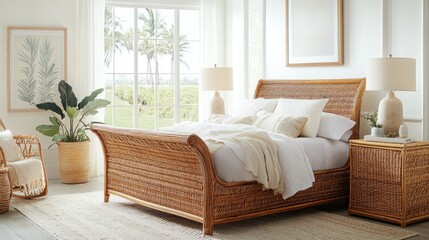 A bright and airy bedroom featuring a rattan bed frame, wicker storage baskets, and boho-inspired decor. The space is warm and inviting